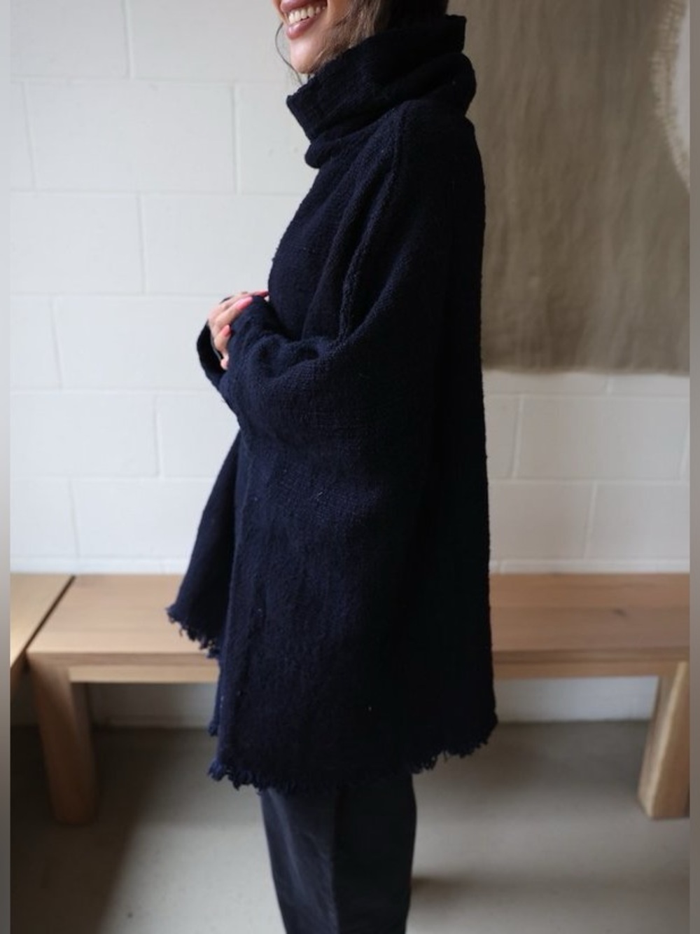 Auntie Oti Poncho Pullover Sweater Indigo Cotton Cowl Neck One Size